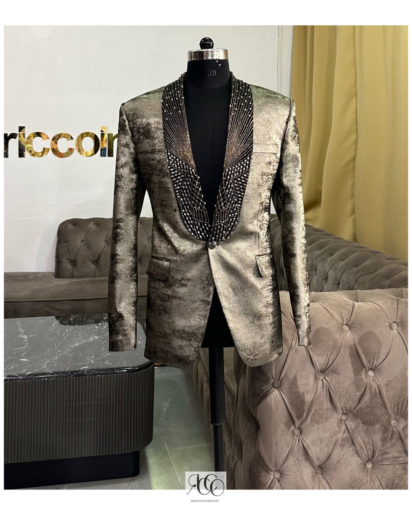 Black beaded tuxedo blazer set – Ricco India