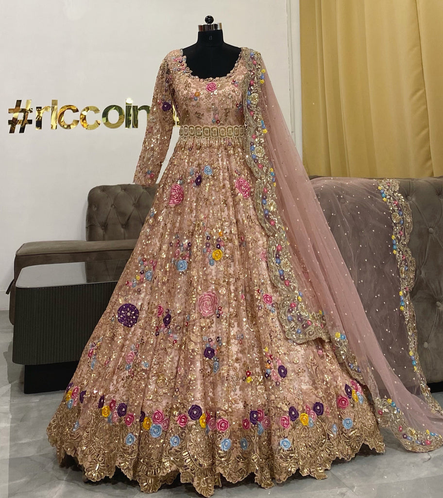 Peach gown with cut work bottom and scallop dupatta – Ricco India