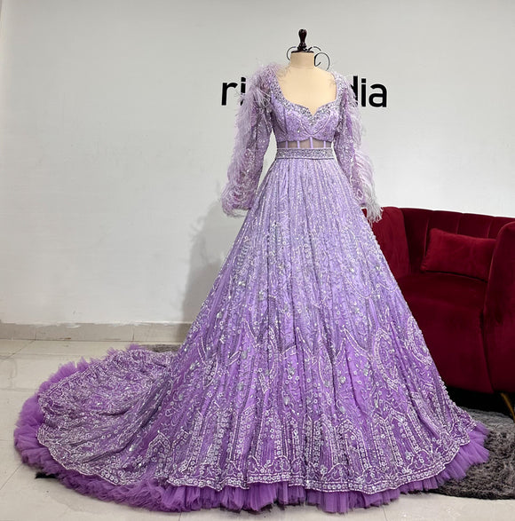 OMBRE HAND EMBROIDERED LAVENDER GOWN WITH GRAND TRAIN & HEAVY BEADING