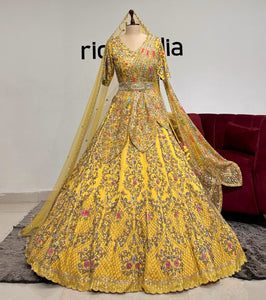 YELLOW ZARDOSZI WORK LEHENGA WITH LEAF PETAL DRAPE