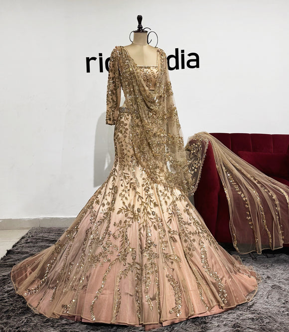 GOLD MERMAID LEHENGA WITH HEAVY DRAPE