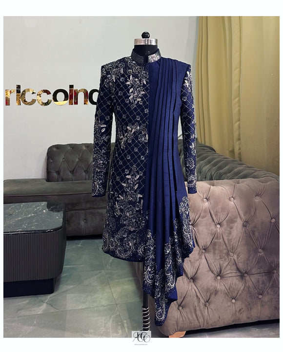 BLUE DRAPPED SHERWANI