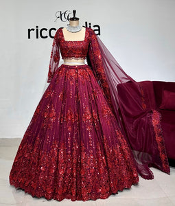 DARK RED FLARED BEADWORK LEHENGA