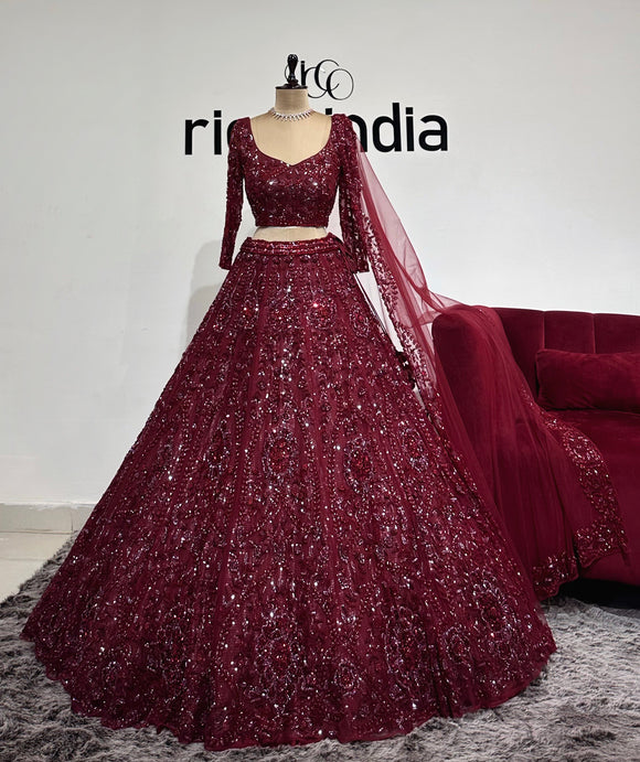 DARK BURGUNDY BEADED LEHENGA