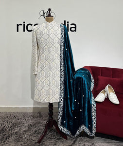 WHITE BEADED SHERWANI WITH TEAL EMBROIDERED SHAWL