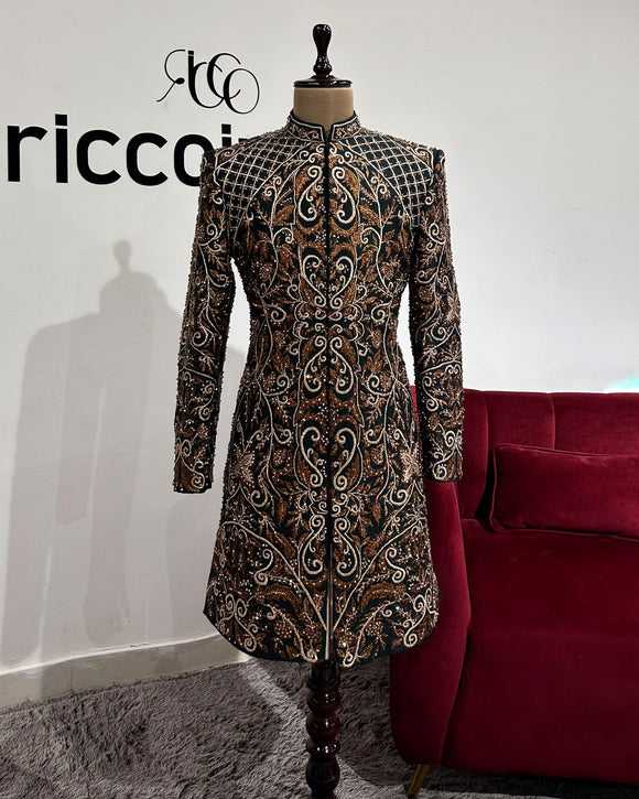 DARK GREEN SHERWANI WITH COPPER BEADING