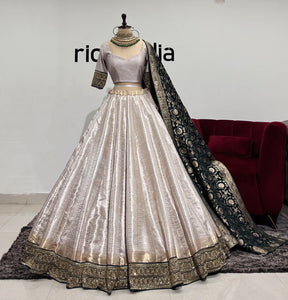 IVORY BANARSI LEHENGA WITH GREEN DUPATTA