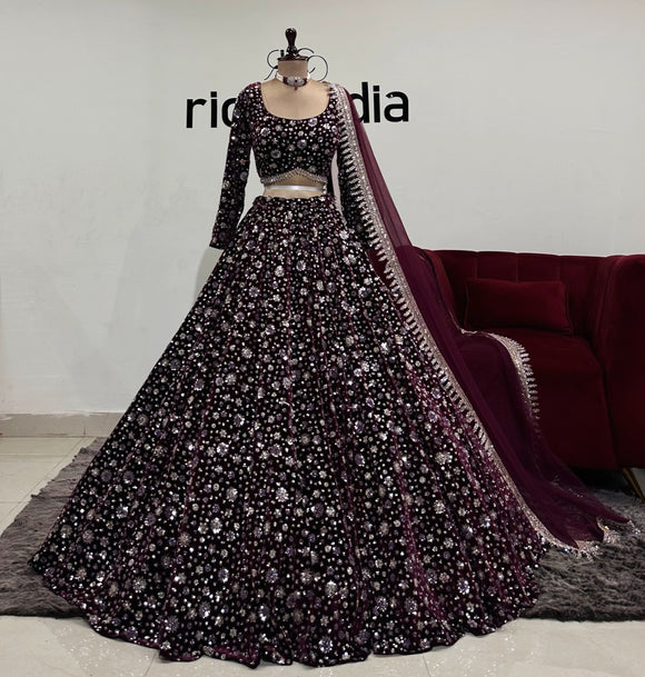 DARK WINE VELVET LEHENGA