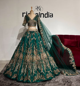 DARK GREEN FLARED LEHENGA WITH GOLD EMBROIDERY