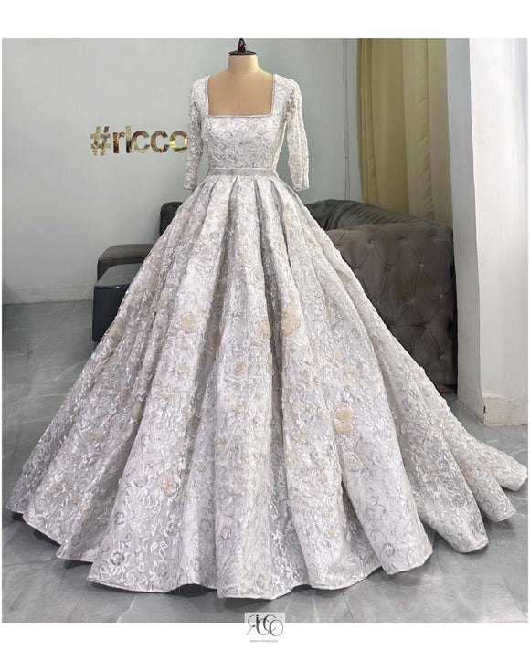 WHITE BALL GOWN WITH WHITE BEADING