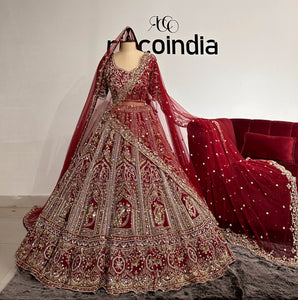 DARK RED BRIDAL LEHENGA WITH PEACOCK EMBROIDERY