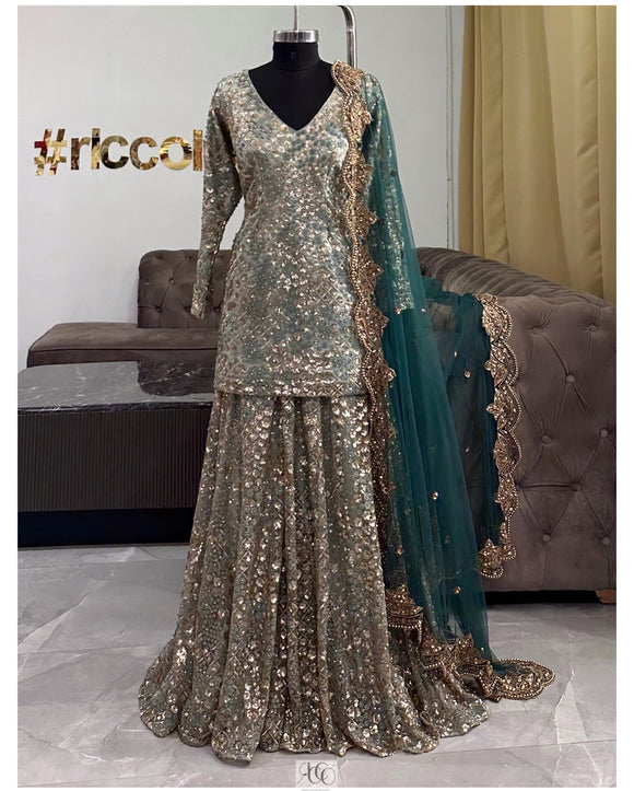 PASTEL GREEN SHARARA WITH CURVED DUPATTA