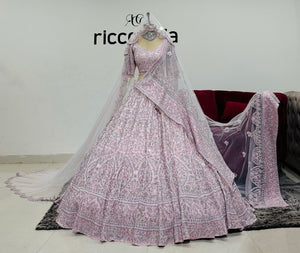 Baby pink bridal Lehenga with crystal shoulder dupatta head veil