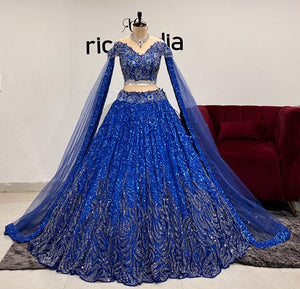 Royal blue and silver ombré embroidery cape lehenga