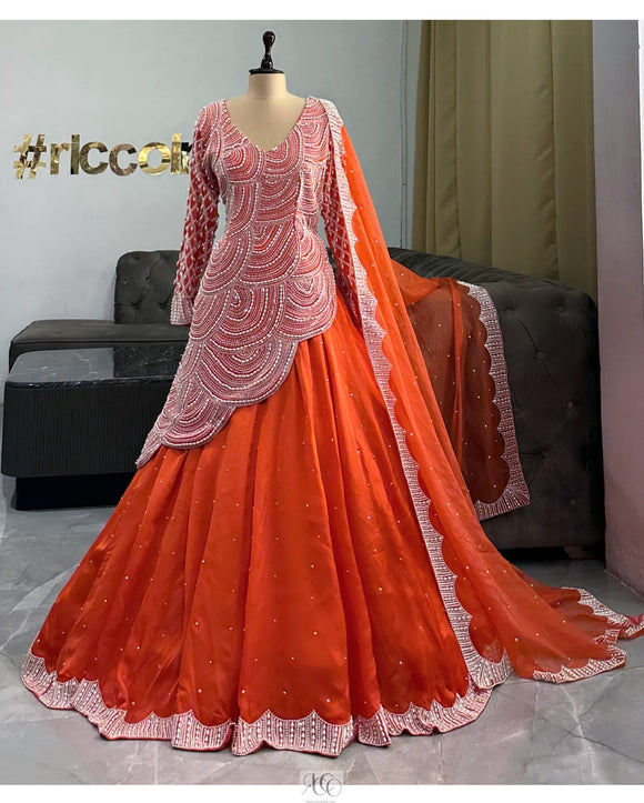 ORANGE PEARL WORK KAFTAN TOP LEHENGA