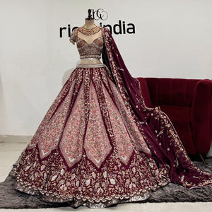 WINE LEHENGA WITH SALMON PINK PANELS