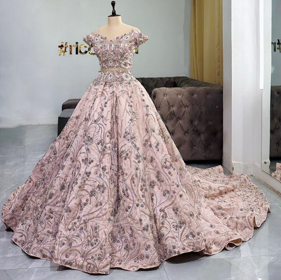 ROSEGOLD BALLGOWN STRUCTURE TRAIN SKIRT WITH BEADED CORSET