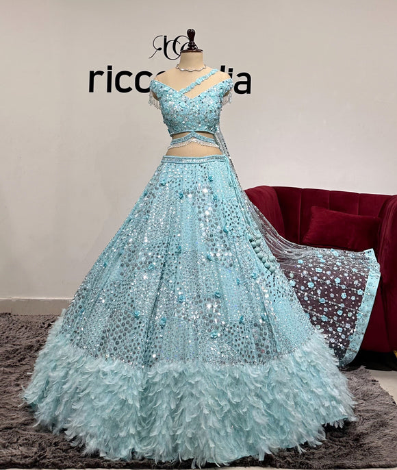 TIFFANY BLUE FEATHER LEHENGA WITH CAPE