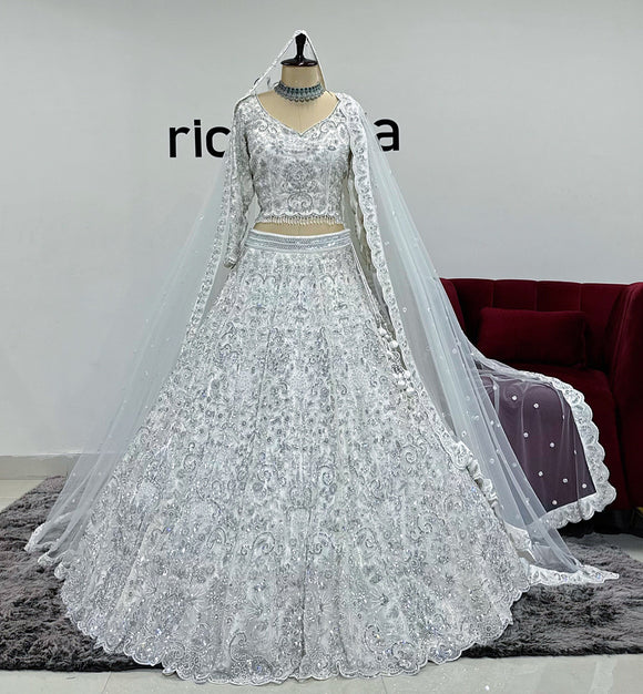 WHITE BRIDAL LEHENGA WITH SILVERY HAND EMBROIDERY & 2 DUPATTAS