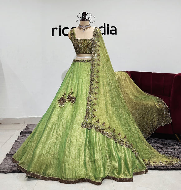 TISSUE SILK GREEN LEHENGA