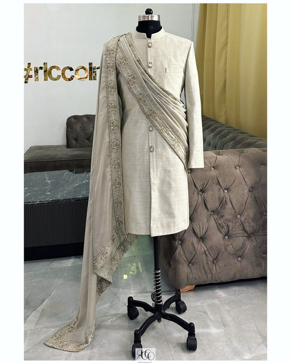 MINT GREEN SHERWANI WITH SHAWL