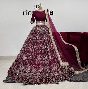 WINE FLARED GOLD WORK LEHENGA