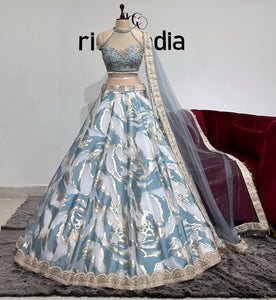 AQUA BLUE JACQUARD BRIDESMAID LEHENGA