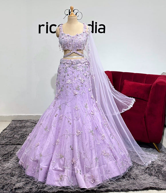 LAVENDER FISHCUT LEHENGA WITH HANDMADE ORGANZA FLOWERS