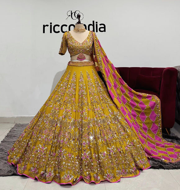 MUSTARD & NEON PINK FLARED LEHENGA WITH PANELLED DUPATTA