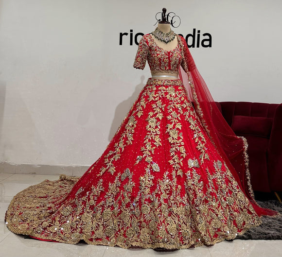 RED TRAIN LEHENGA WITH DORI WORK & BUTTERFLIES