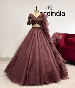 BROWN LEHENGA WITH BEADED TOP & FRILLED DUPATTA