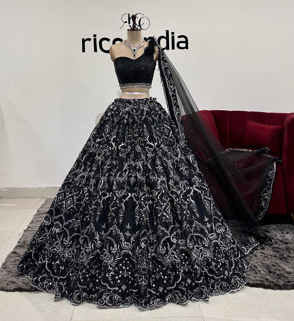 BLACK & SILVER LEHENGA WITH FEATHER TOP