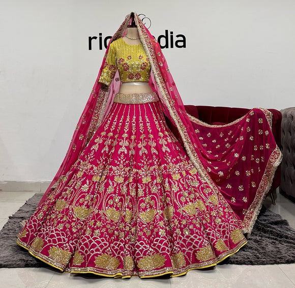 RANI PINK KALIDAR LEHENGA WITH LEMONGREEN ACCENT