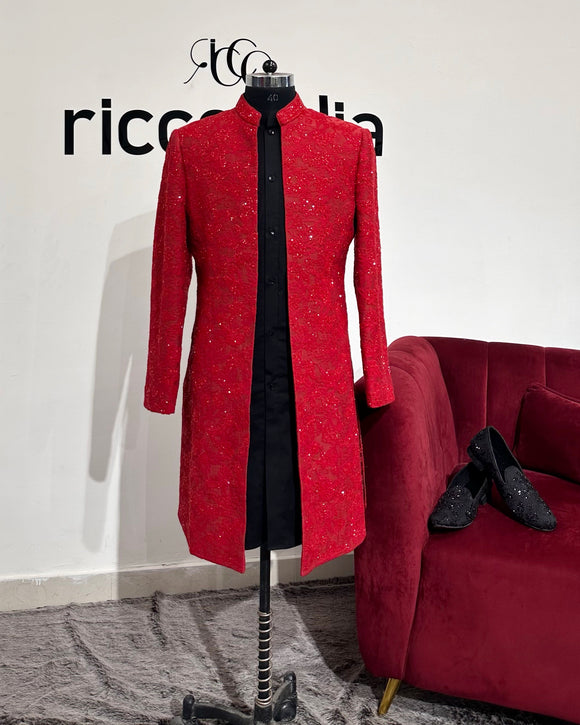 RED BEADED SHERWANI WITH KURTA PAJAMA