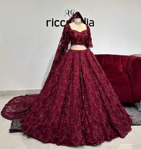 BURGUNDY LEHENGA WITH BEADED VEIL