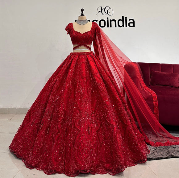 RED BALL STRUCTURED LEHENGA