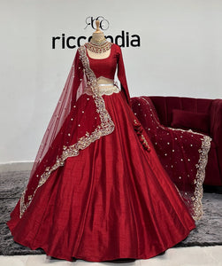 DARK RED FLARED LEHENGA WITH EMB DUPATTA