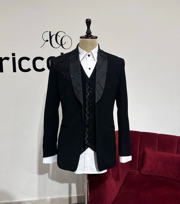 BLACK TUXEDO WITH EMBROIDERED LAPEL & WAIST COAT SET