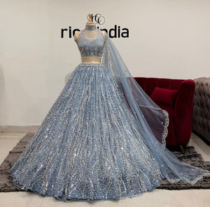 PASTEL BLUE FLARED LEHENGA WITH PEARLS EMBROIDERY