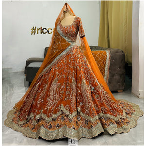 RUST ORANGE LAYERED BRIDAL LEHENGA WITH TRAIN & 2 DUPATTAS