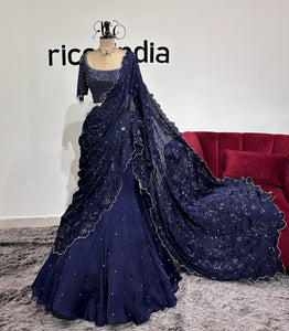 NAVY BLUE DRAPED MERMAID SAREE GOWN