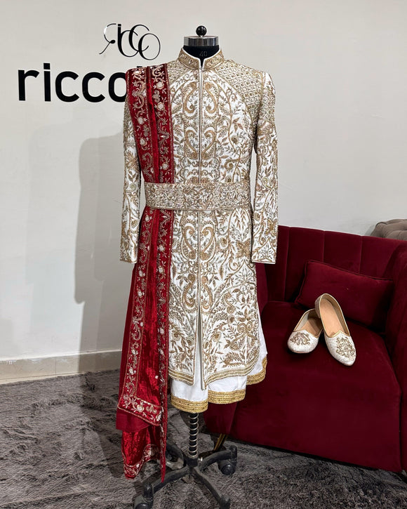 IVORY SHERWANI WITH VELVEL SHAWL & SHOES