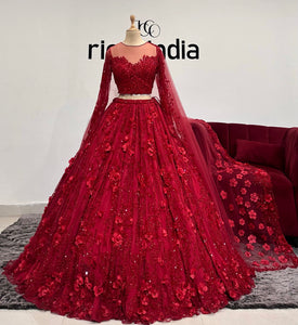 RED ORGANZA FLOWER LEHENGA