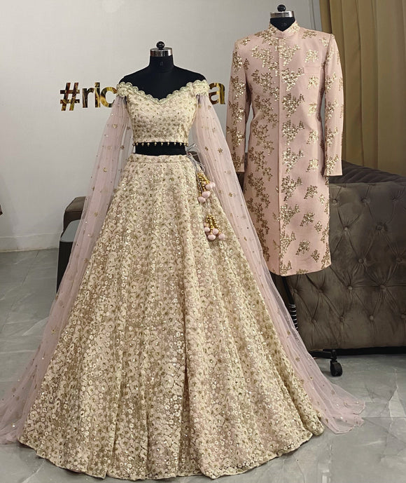 LEHENGA ONLY- Ivory and gold lehenga with capes