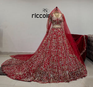 RED TRAIN LEHENGA WITH 2 DUPATTAS