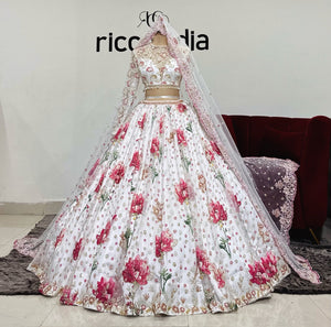 WHITE FLORAL FLARED LEHENGA WITH FRENCH LACE EMBROIDERY VEIL