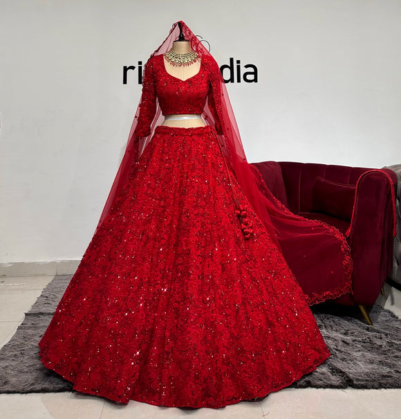 RED TONE ON TONE BEADED LEHENGA