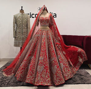 RED BRIDAL LEHENGA WITH GREEN SHERWANI