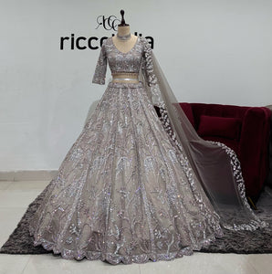 Grey lehenga with silver dori and rose crystals embroidery