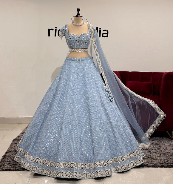 BLUE DEMIN LEHENGA WITH SILVER SEQUIN & PEARLS EMB WITH MIRRORS